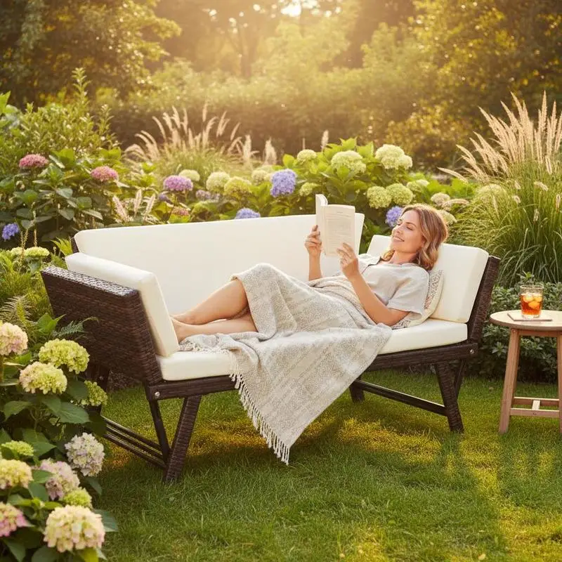 Canapé de jardin en polyrotin 2 places, mobilier de jardin, canapé lounge, banc de jardin, chaise longue pliable avec accoudoirs en acier, brun, 129 x 63 x 67 cm