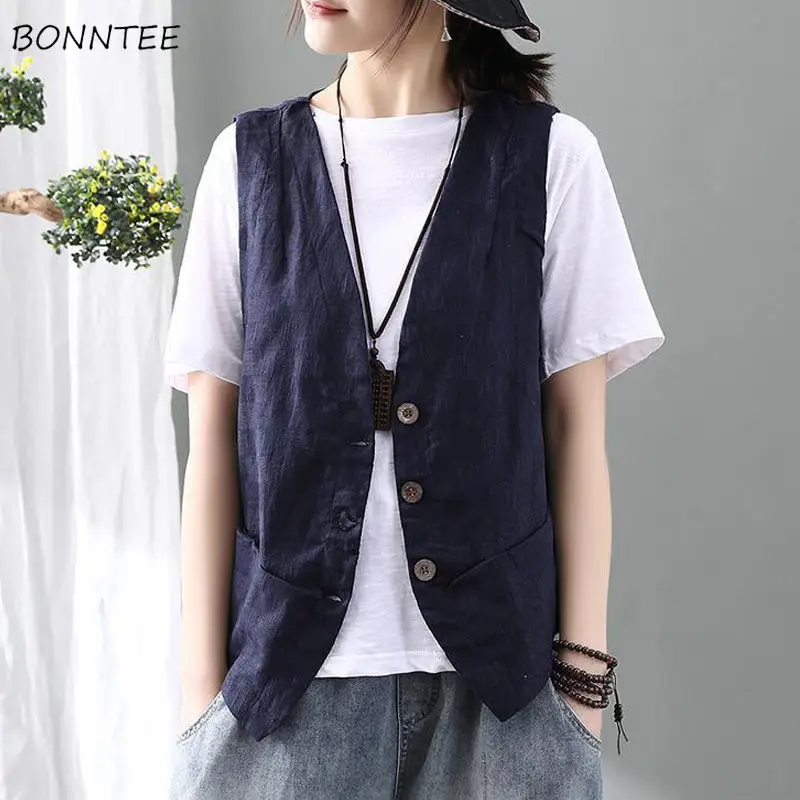 Westen Frauen Minimalistischen Elegante Retro Sommer Chic Mode Alle-spiel Frauen Ärmellose Weste Freizeit Einreiher Damen Outwear Image