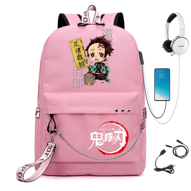 2021 Ghost Slayer Demon Slayer fille sac d'école Usb Rechargeable sac à dos femme sac d'école grand lycée sac d'école jeunesse Le