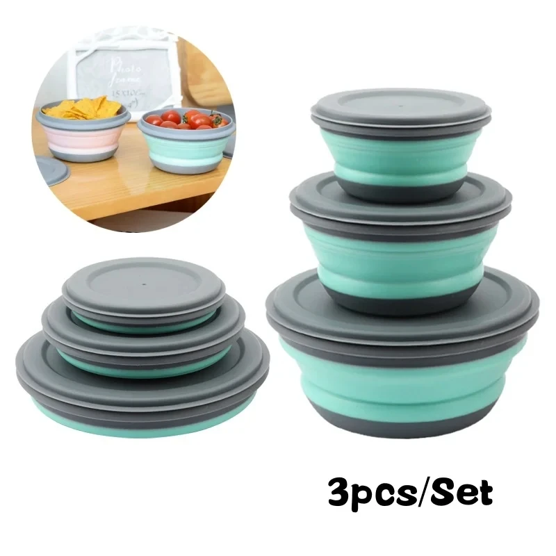 Tragbare faltbare Lunchbox Schüssel setzt Silikon 3 teile/satz Lebensmittel behälter Outdoor Camping Geschirr Set faltbare Salats ch üssel mit Deckel Image
