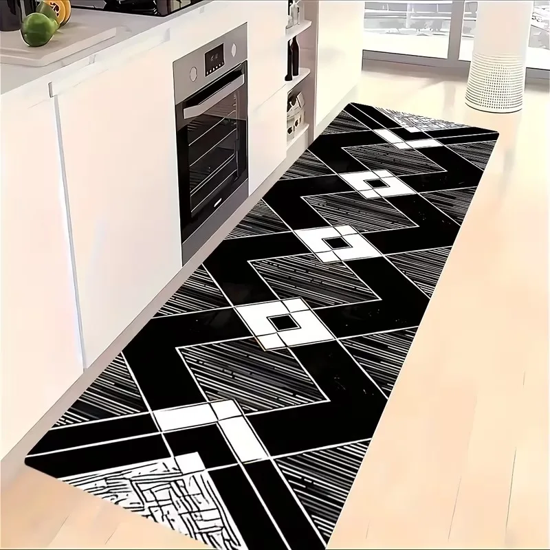 Schwarz-weißer geometrischer Läuferteppich, Linienmuster, integriertes Design, Flurteppich, moderner, trendiger, rutschfester, langer Bodenmatte für Schlafzimmer Image