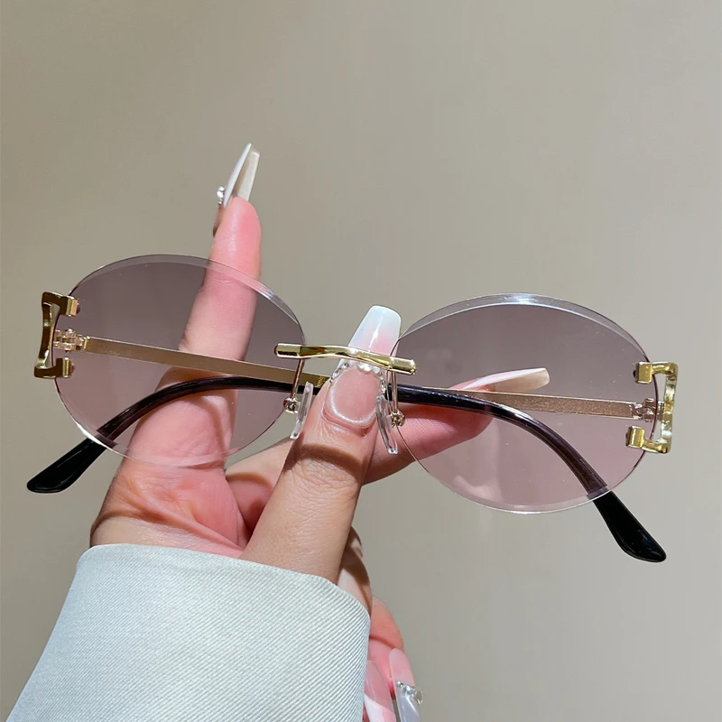Damen-Sonnenbrille, randlose ovale Sonnenbrille, Herren-Mode, Luxus-Markendesign, Statement-Sonnenbrille für Damen, trendige Vintage-Brille mit Farbverlauf-Dekor Image
