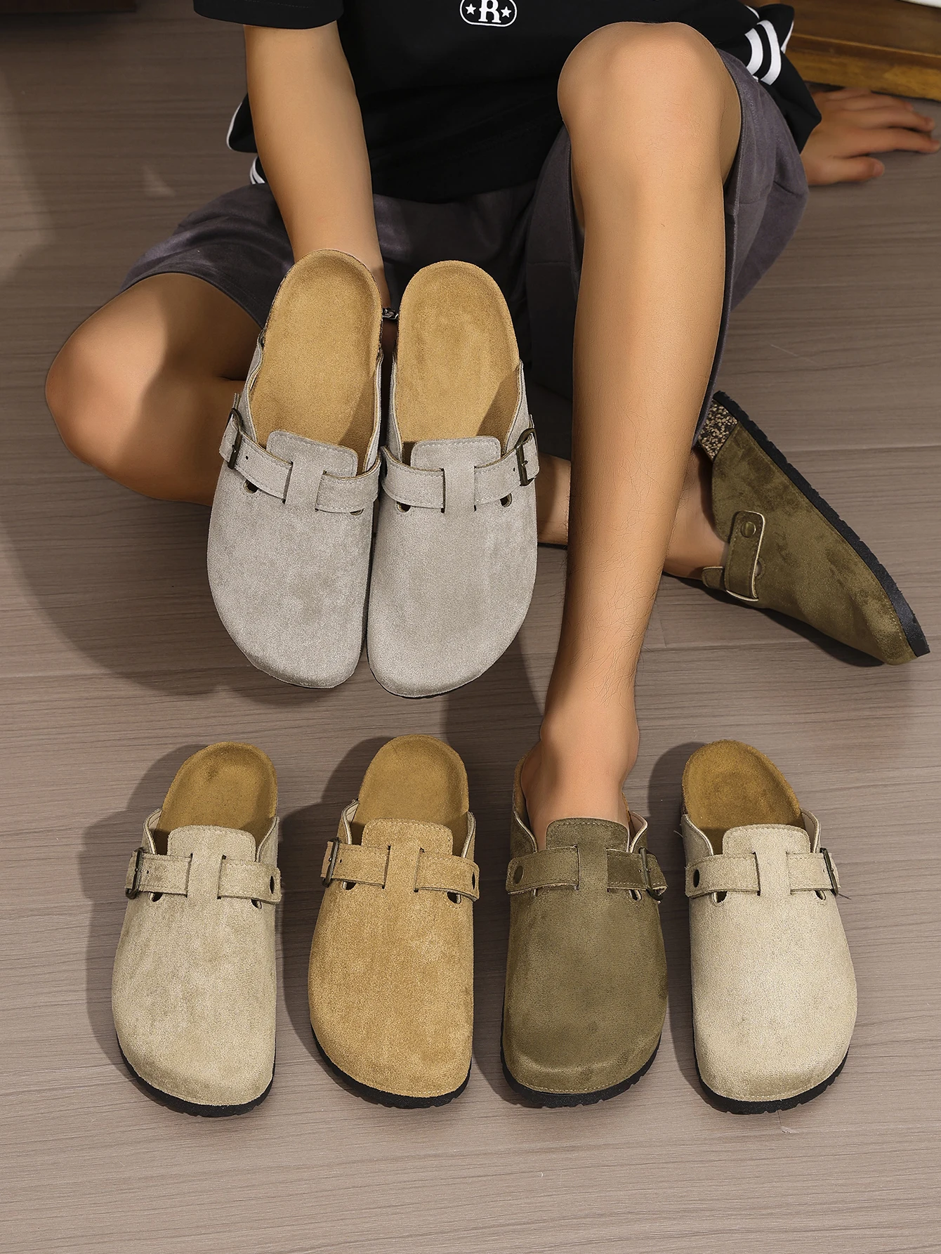 Männer Frühling und Herbst Casual Einfache Schnalle Flache Ferse Set Tragen Weiche Holzmaserung Einfarbig PU Schuhe Brot Kopf strand Hausschuhe C