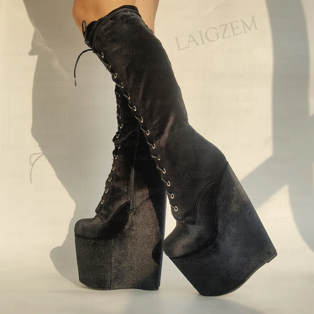 LAIGZEM Frauen Kniehohe Stiefel Plattform Keile Voller Reißverschluss 20 cm Super High Heels Stiefel Damen Schuhe Frau Große Größe 37 41 43 45 48