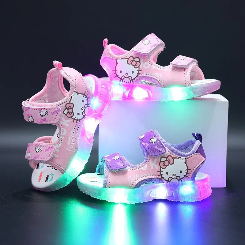 Anime Hello Kitty Sommer Mädchen LED-Licht-Sandalen Niedliche Kinder-Freizeitschuhe Rutschfeste Kinder-Strandschuhe Outdoor-Schuhe Geschenk