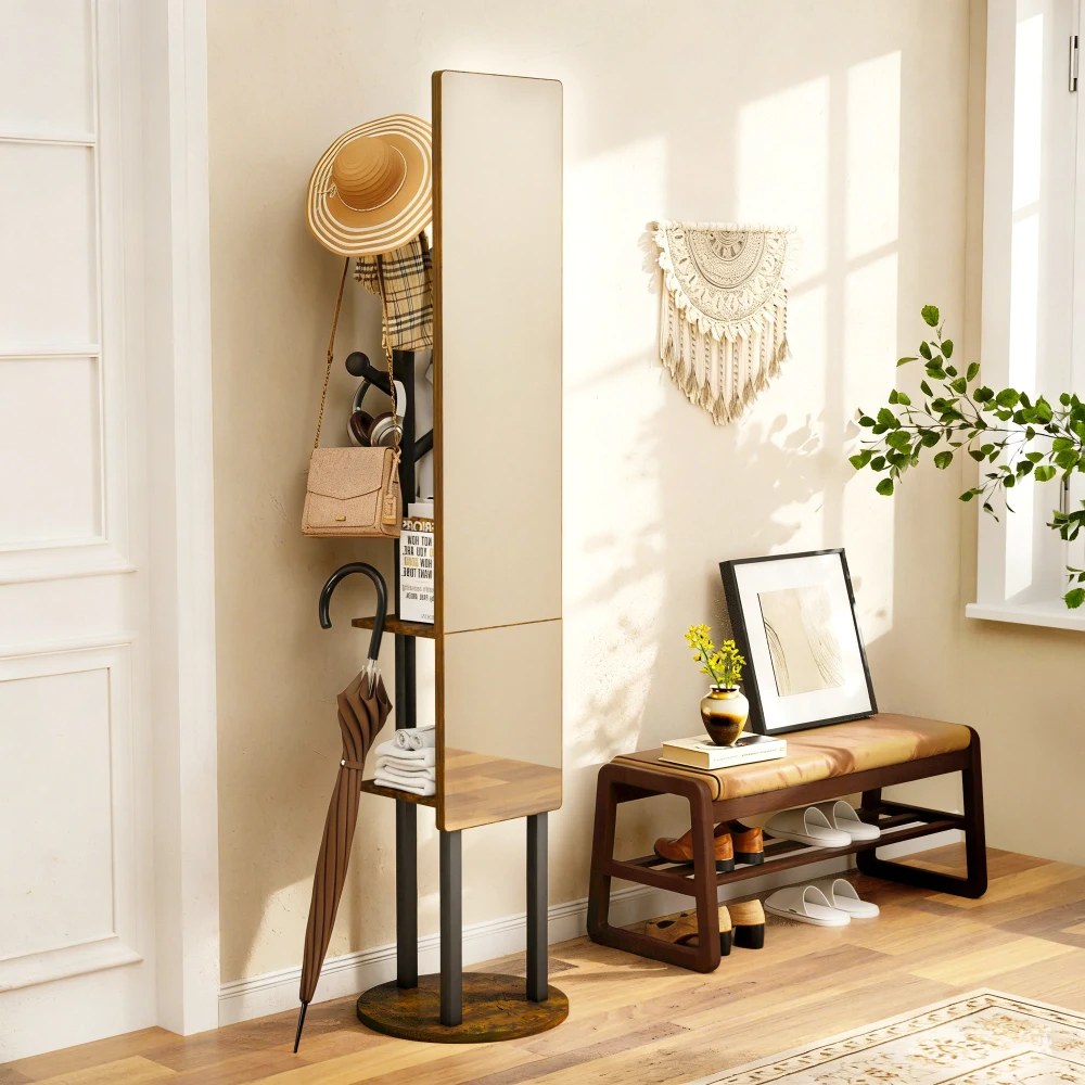 360 ° Drehbare Ganzkörperspiegel-Garderobe mit Stauraum und Haken, Vintage-Braun, Größe 174×40 cm für Schlafzimmer