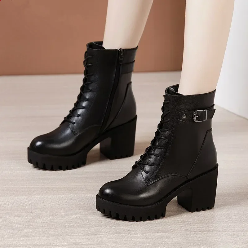 8cm Kleine Größe 32-43 Hochwertige Echtleder-Stiefel Damen Plateau-Schuhe mit Fell 2026 Winter Blockabsatz Hohe Absätze Knöchelhohe Schneestiefel