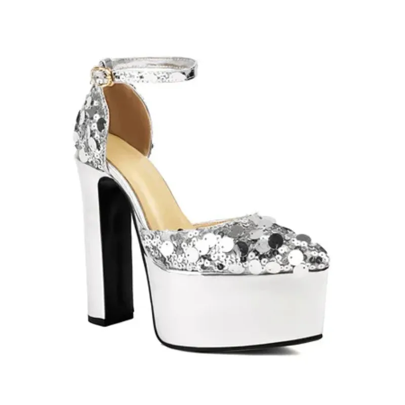 Pailletten Glitzer Braut Schuhe Frauen spitz geschlossen Zehen Gold Silber schwarz sexy Knöchel riemen Sling back Plattform High Heels Sandalen 43