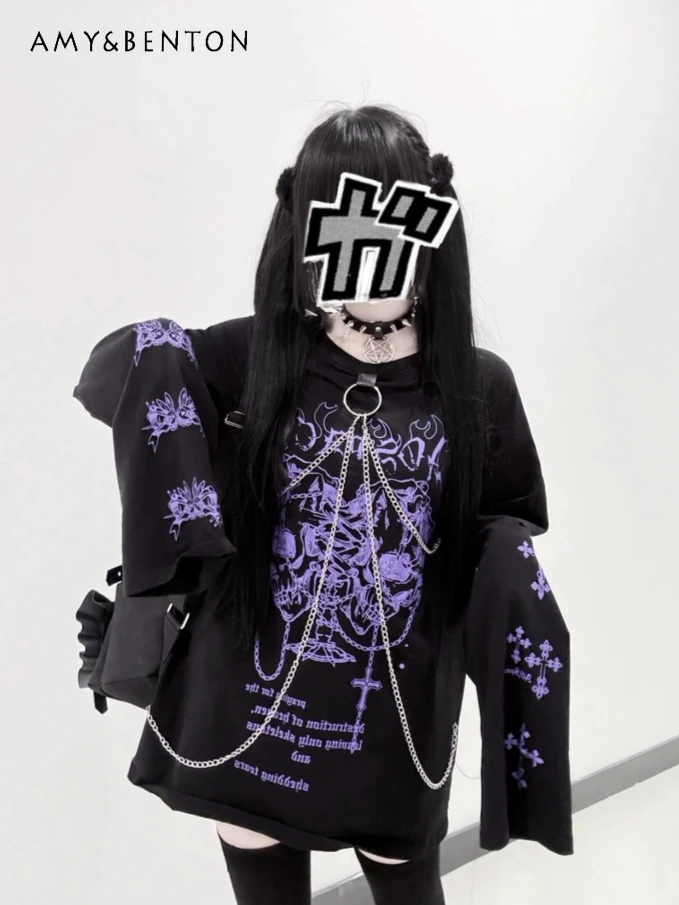 Original Goth-Druck mit Kette, vielseitig einsetzbar, kontrastierende Farben, dunkle Subkultur, langärmliges T-Shirt, japanisches Mine-Punk-Oversize-Top Image