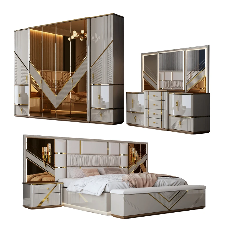Luxuriöses Schlafzimmer-Set mit Stauraum, Doppelbett mit Holzrahmen, Kingsize, Modernes Schlafzimmermöbel-Set