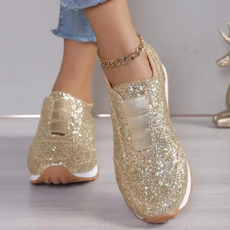 2026 herbst Neue Mode Slip-on Niedrigen absätzen frauen Turnschuhe Gold Silber Sport Schuhe Damen Outdoor Casual wanderschuhe