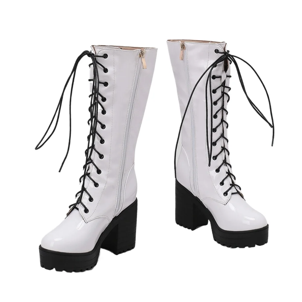 Lacklederstiefel für Damen, mittelhohe Stiefel mit Blockabsatz, Plateau-Combat-Boots, große Größen 34-44, mehrfarbig, lässige Stiefel mit Reißverschluss und Schnürung, Größe 8-8