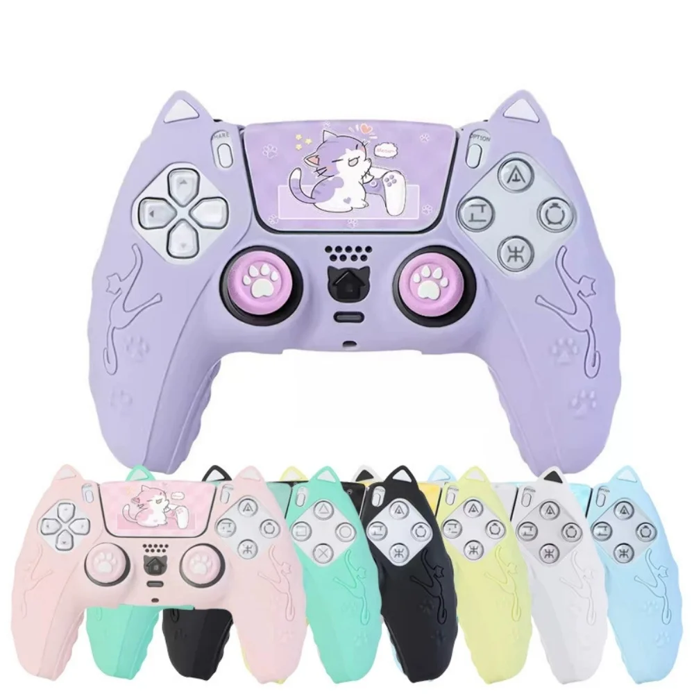 Lovely Cat Silicone Soft Protector Sticker Skin For Playstation 5 PS5 Controller Case Thumb Stick Grip Cap Cover Silicone case