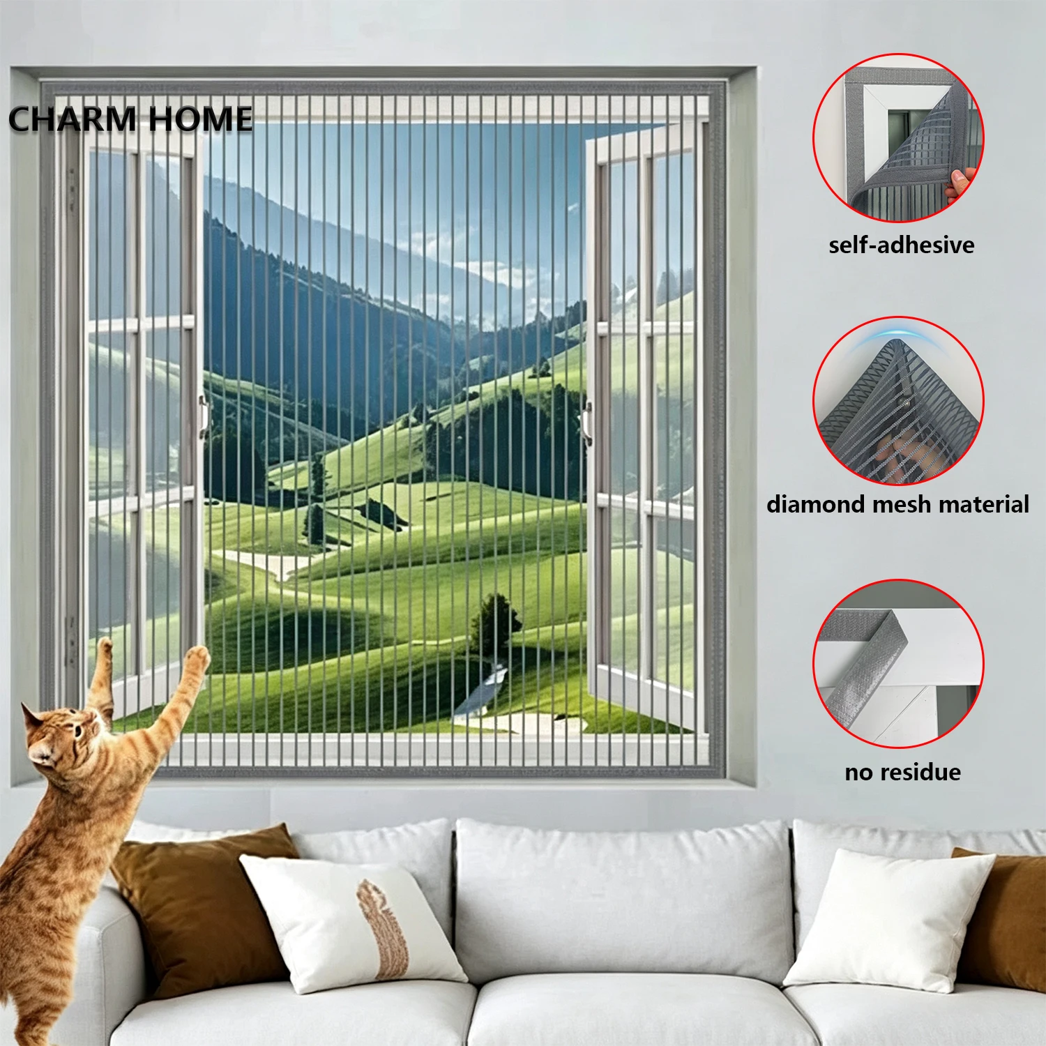 Sommer-Moskitonetze, selbstklebende Moskitonetze für Fenster, Vorhänge und Fensterdekorationen, einfach zu installieren, haustierfreundlich Image