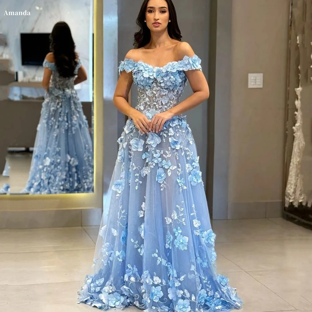 Amanda Customized Light Blue 3D Floral Off Shoulder Prom Dress Formal Evening Gown vestidos de noche with Tulle Skirt for Women