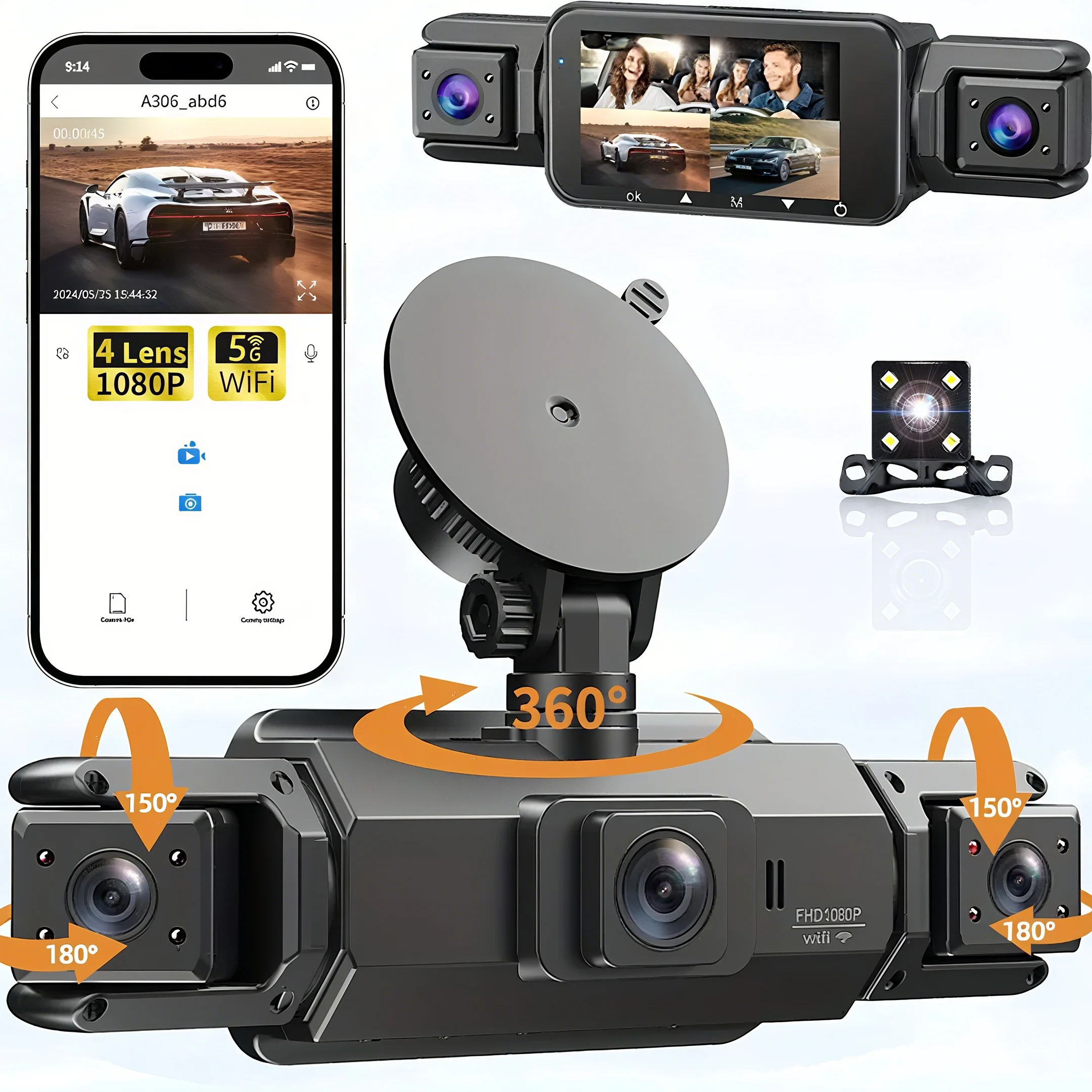 Dashcam, 4 Kanäle, WLAN, Auto-DVR, Armaturenbrett-Kameras für Auto, Weg, Backbox, Parkmodus, 24 Stunden vorne und hinten, 360-Dashcam Image