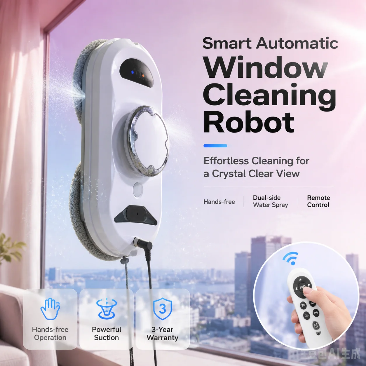 Fensterputzroboter mit Doppel-Düsen & Ultraschall-Vernebelung, dreifaches Sicherheitssystem, intelligente Navigation, per Fernbedienung steuerbar, inkl. 10 wiederverwendbarer Reinigungstücher Image