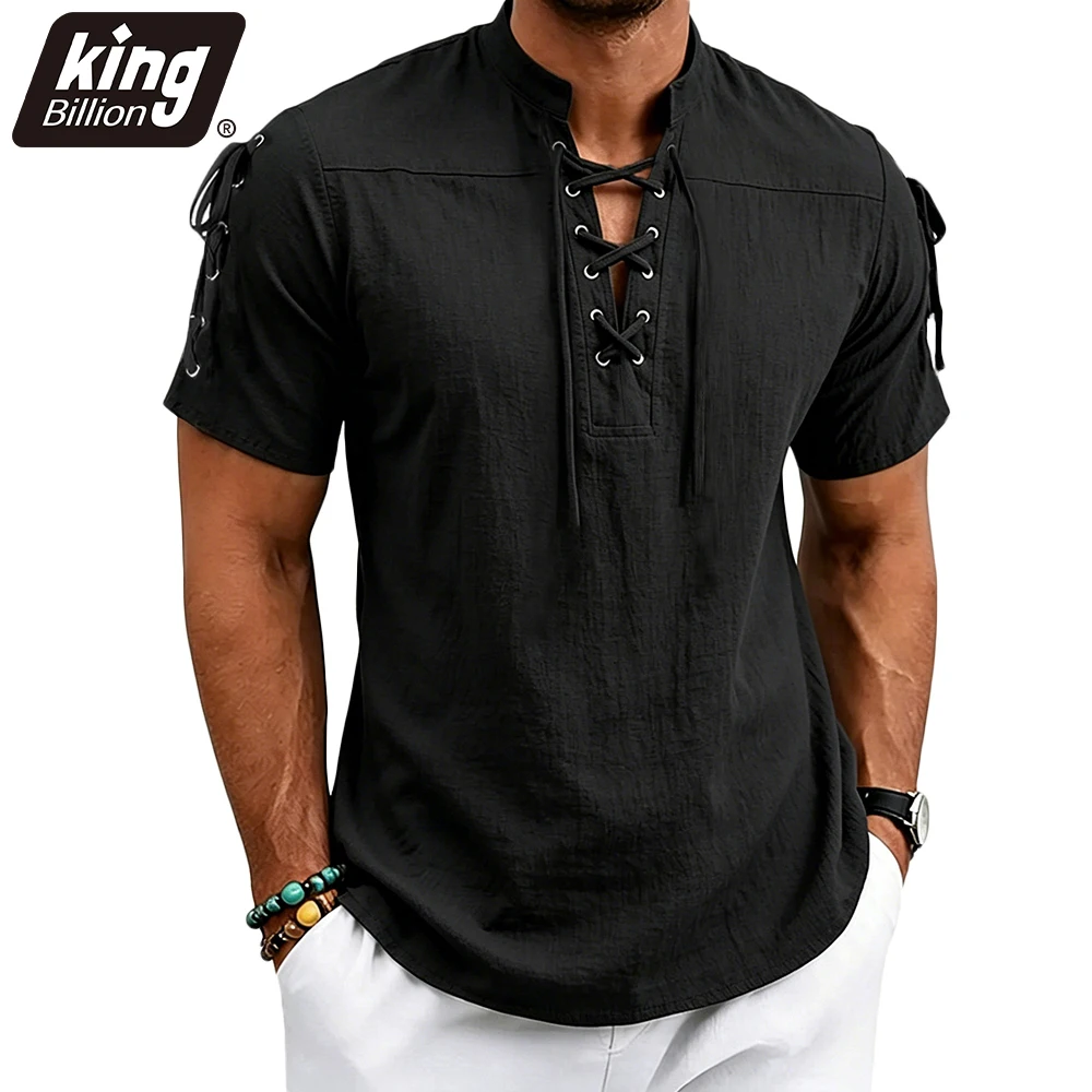 Herren Vintage Kurzarmhemd mit Henley-Ausschnitt, Sommer, Baumwolle, Leinen, atmungsaktiv, leicht, zum Schnüren, lässig, einfarbig Image