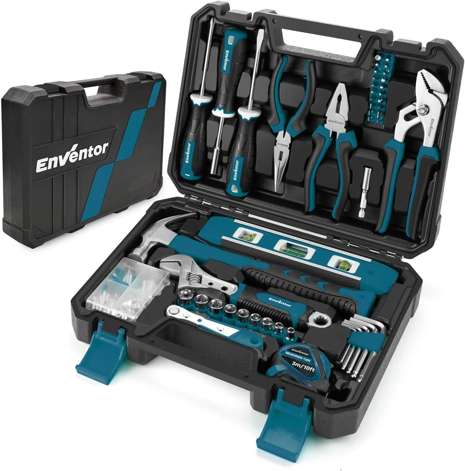 ENVENTOR Petite boîte à outils pour femmes, ensemble d'outils ménagers, boîte à outils rose, universelle, complète avec outils à main, boîte à outils équipée de 158 pièces, pour le bricolage