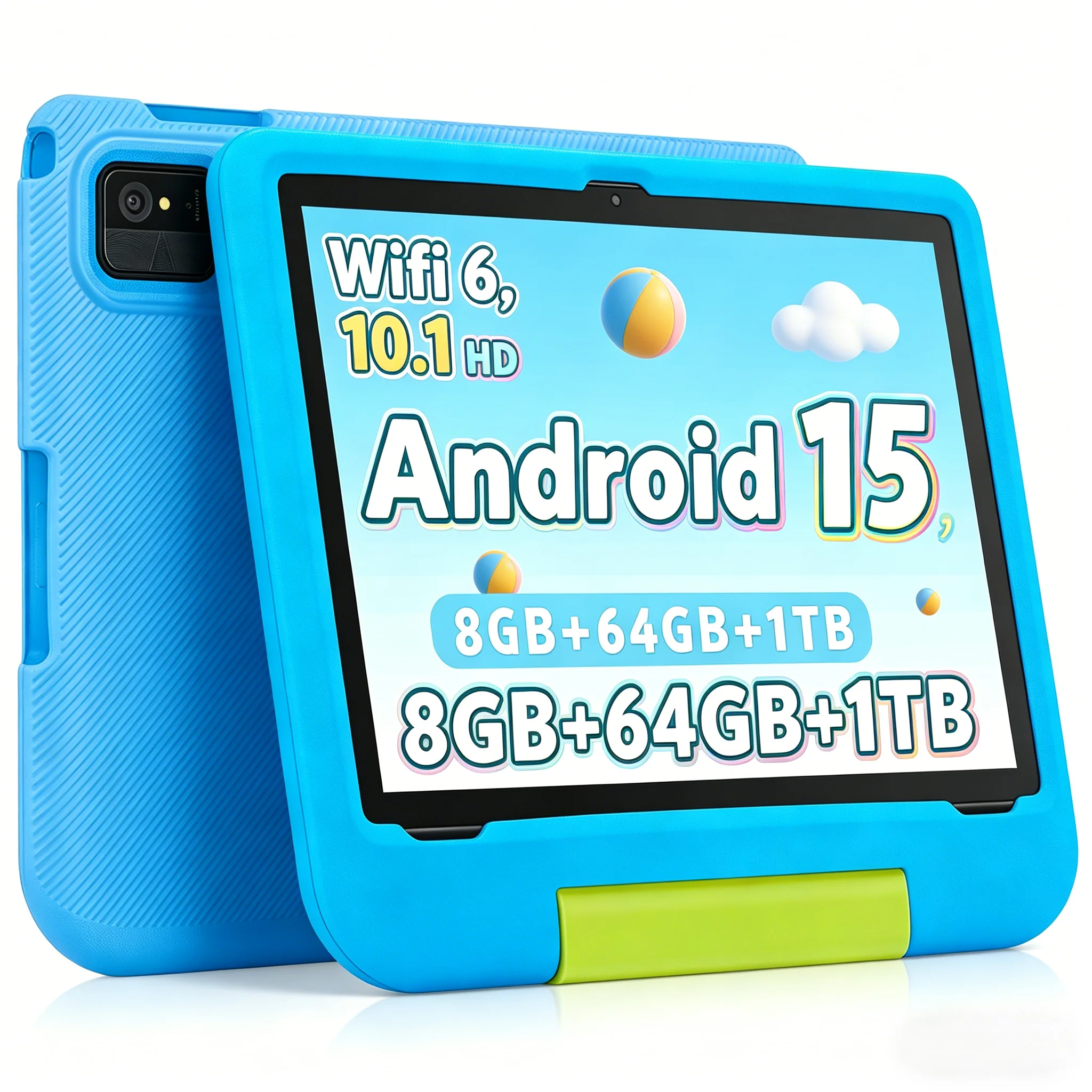 Android 15 Kinder-Tablet 10,1 Zoll 8GB+64GB 1TB erweiterbar WiFi 6 5000mAh Dual-Kamera Lern-Tablet für Kinder mit stoßfester Hülle Image