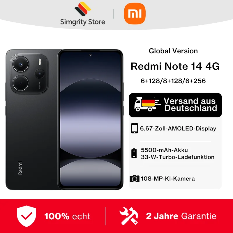 Globale Version Redmi Note 14 4G Handy Smartphone 108MP KI-Kamera 5500mAh Akku 33W MediaTek Helio G99-Ultra 120Hz Xiaomi Mobiltelefon Image