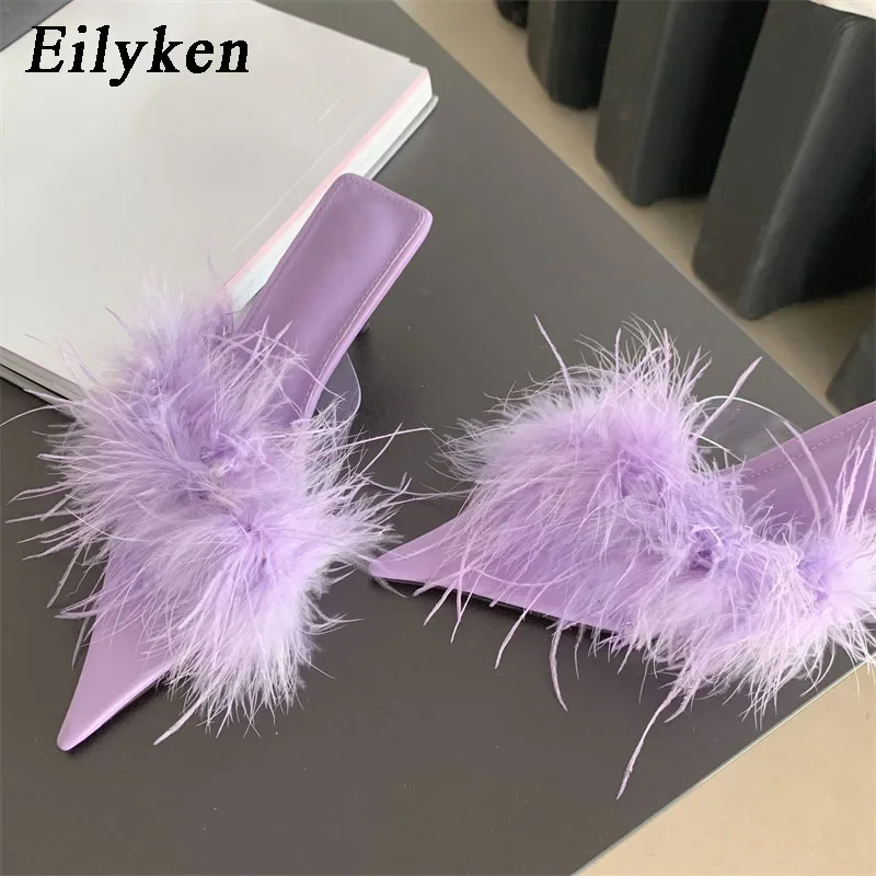 Eilyken Sommer PVC Transparent Faux Pelz Frauen Hausschuhe Mode Offene spitze Damen Schuhe Low Heels Slides Schuhe