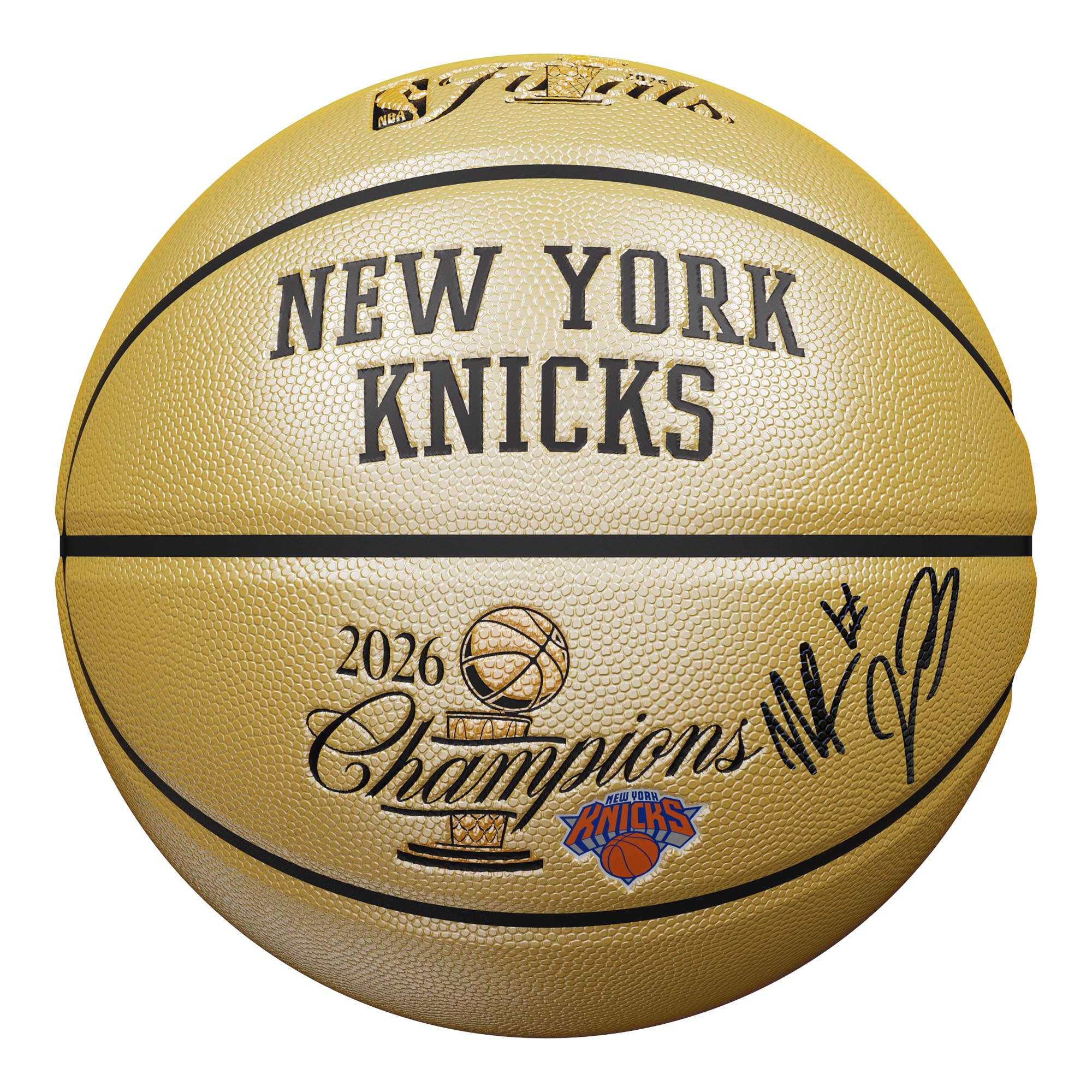 "Mitchell Robinson New York Knicks Autogramm auf dem goldenen Wilson-Basketballball der NBA-Finals-Champions 2026 (NBA-Finals-Champions 2026)" Image