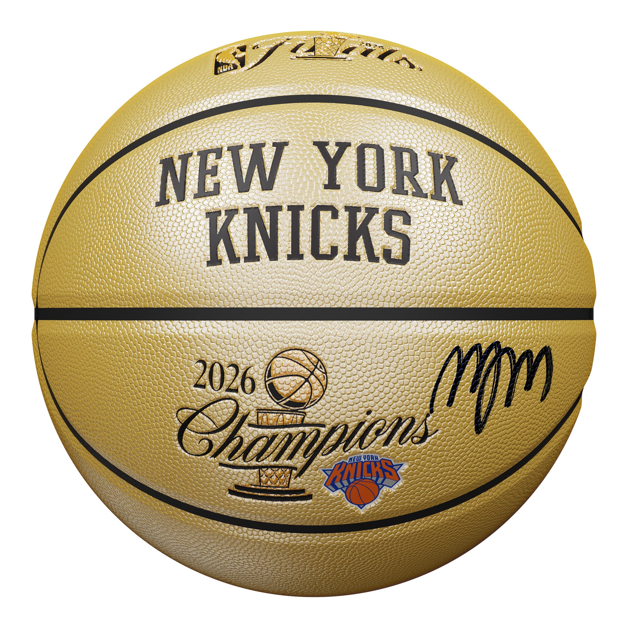 Ballon de basket-ball Wilson doré avec le logo des finales, signé par Miles McBride, des New York Knicks, champions NBA 2026.