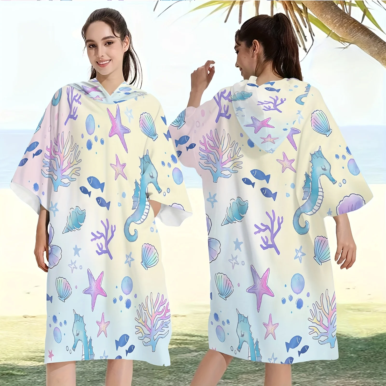 1 Stück Kapuzenhandtuch-Poncho mit Seepferdchen- und Seestern-Print, Schnelltrocknender Polyester-Strandumkleidungs-Mantel, Passender Familien-/Paar-Schwimmponcho für
