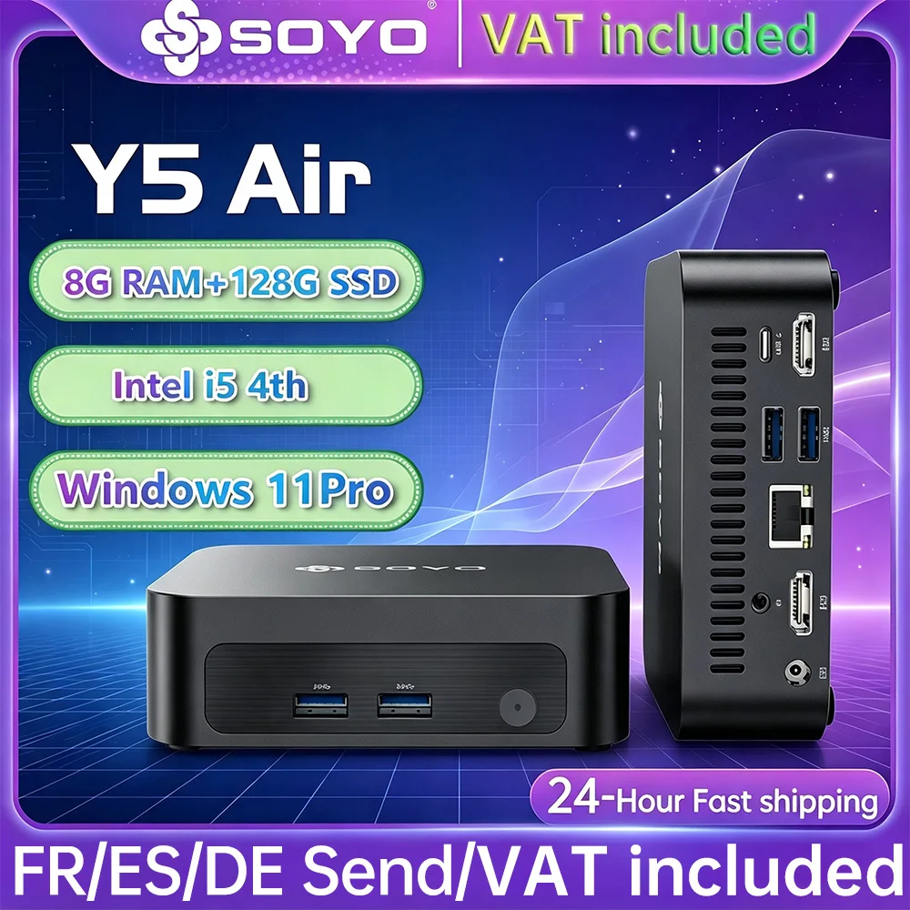 SOYO Mini PC Y5 AIR Intel Core i5 4ème génération, 8 Go de RAM, 128 Go de SSD, Windows 11 Pro, mini ordinateur de bureau, WiFi BT4.2, double affichage HDMI, petit ordinateur pour la maison et le bureau, mini PC professionnel, micro PC basse...