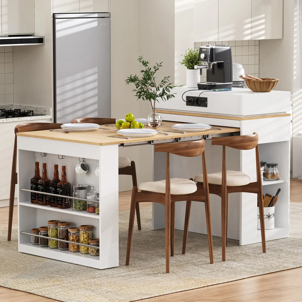 Kücheninsel mit Rollen, ausziehbarer Esstisch mit klappbarer Tischplatte, Bartisch mit Steckdosenleisten und Haken, dient als Kücheninsel, Sideboard oder Bartisch für Küche und Esszimmer (Weiß)