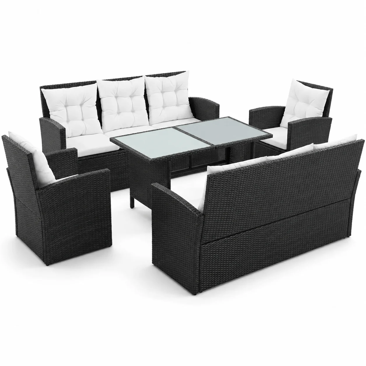 5-teiliges Garten-Lounge-Set mit Kissen, Polyrattan, Schwarz, Gartenmöbel, 2 Dreisitzer-Sofas, 2 Sessel, 1 Couchtisch, 16 Sitzkissen, Wetterfest für Terrasse, Balkon, Garten