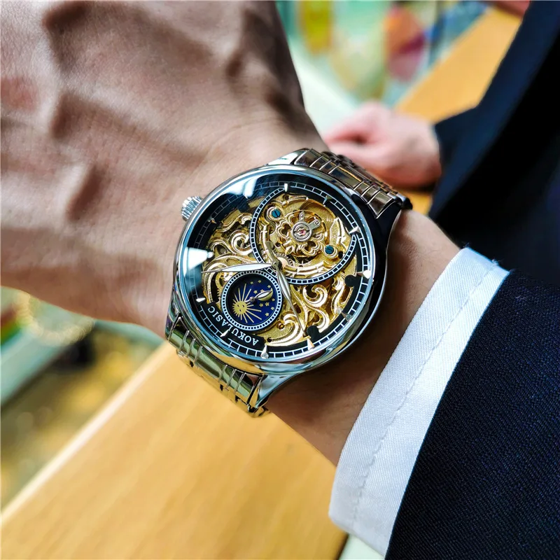 Edelstahl Neue Vollständig Skelettierte Mondphasen-Leuchtuhr Wasserdicht Tourbillon Selbstaufziehende Automatikuhr für Herren Image