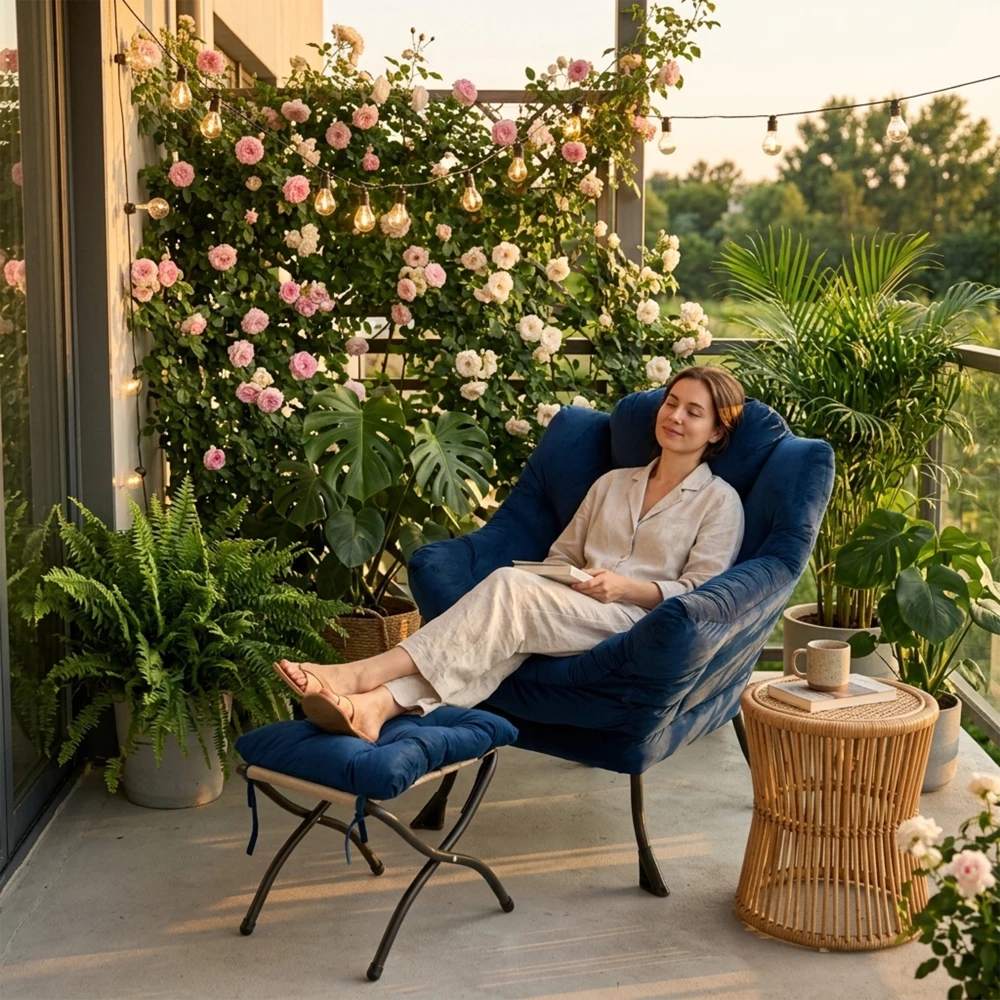 Sessel mit Hocker, Relaxsessel mit Armlehnen, Seitentasche & Fußstütze, Loungesessel, Fernsehsessel, Ohrensessel für Wohnzimmer, Schlafzimmer, Büro Image