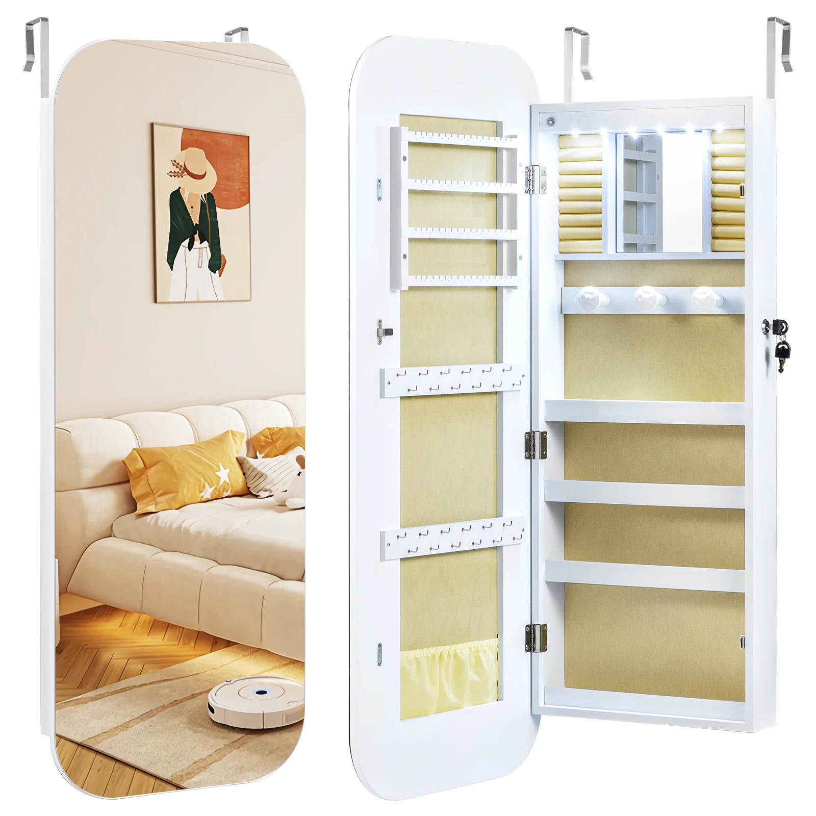 Ganzkörperspiegel mit abschließbarem Schmuckschrank und 6 LED-Leuchten, Türspiegel mit Schmuck-Organizer, Regalen und Haken