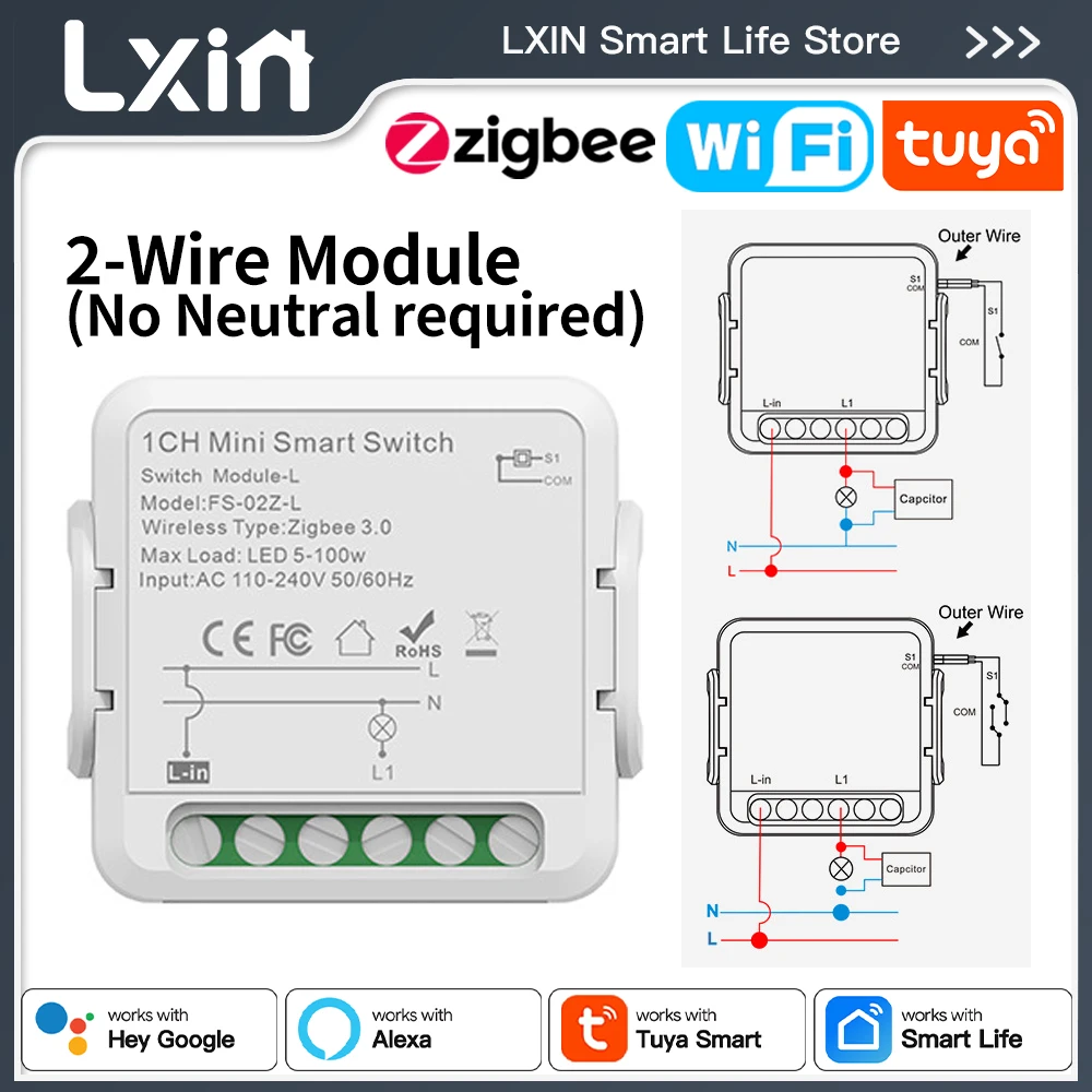 Lxin 2-Draht Smart Switch Tuya WiFi oder Zigbee, kein Neutralleiter erforderlich, Modul, Timer, Fernbedienung, Schalter mit Alexa Google Image