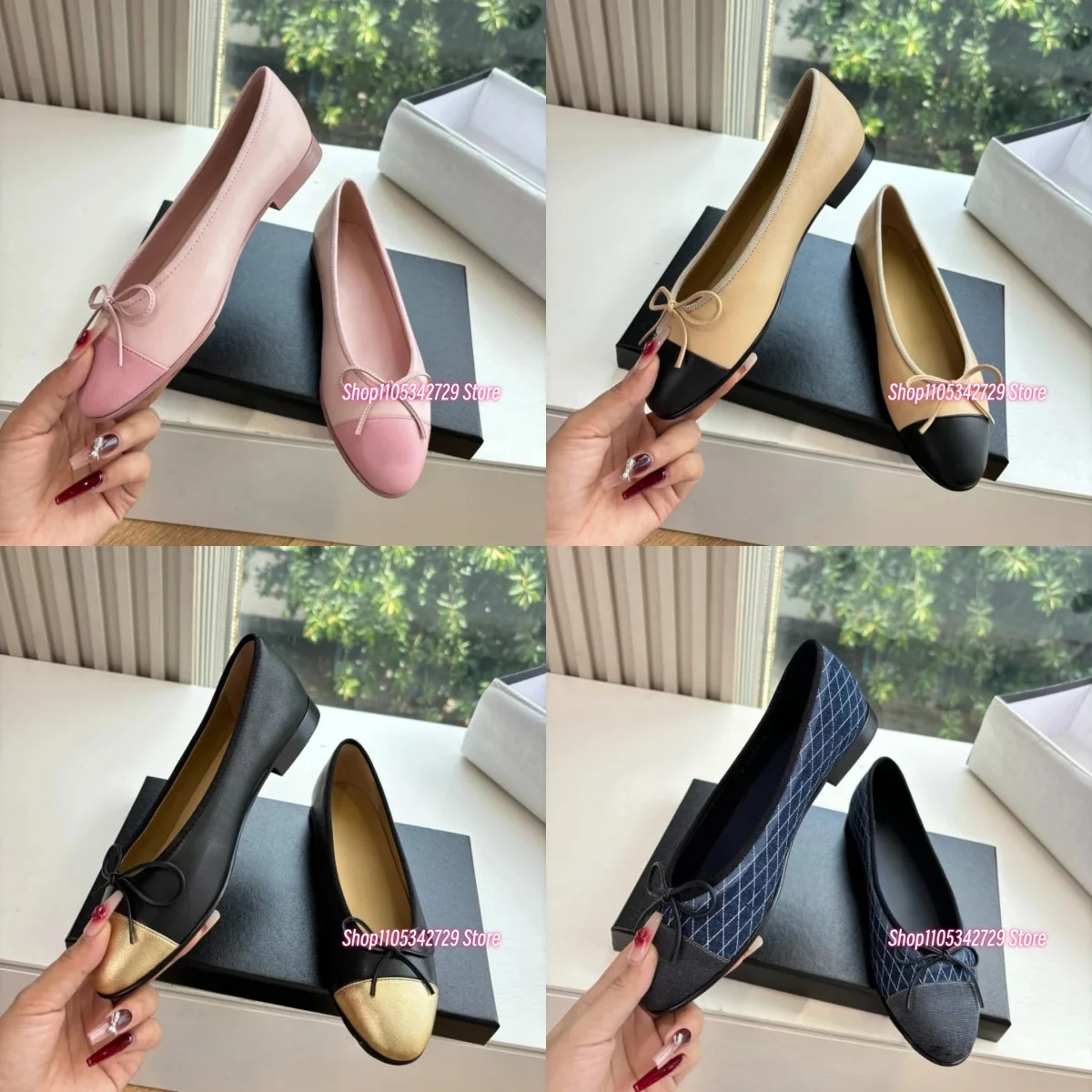 Frühlings- und Sommerkollektion: Neue karierte Damen-Lederschuhe mit Schleife, flache Ballerinas - Größen 36-43
