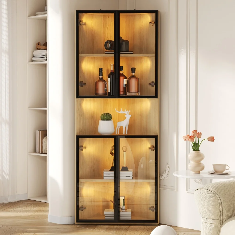 LED-Glasvitrine 62x32x160cm - Eichenholz-Außengehäuse, integrierte Lichtleiste, staubdichter Gehäuse aus gehärtetem Glas, Eckvitrine mit Tür - Sammlervitrine, Bücherregal, Weinschrank,