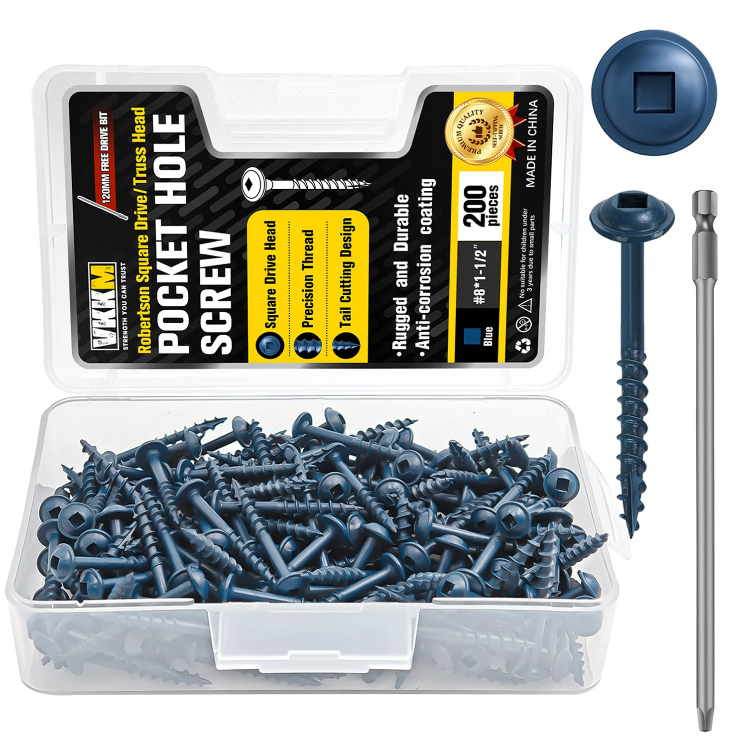 200 Stück # 8 x 1-1/2 Zoll blaue Taschenlochschrauben, Robertson-Vierkant-Antrieb, selbstschneidende Holzschrauben mit Truss-Kopf Image