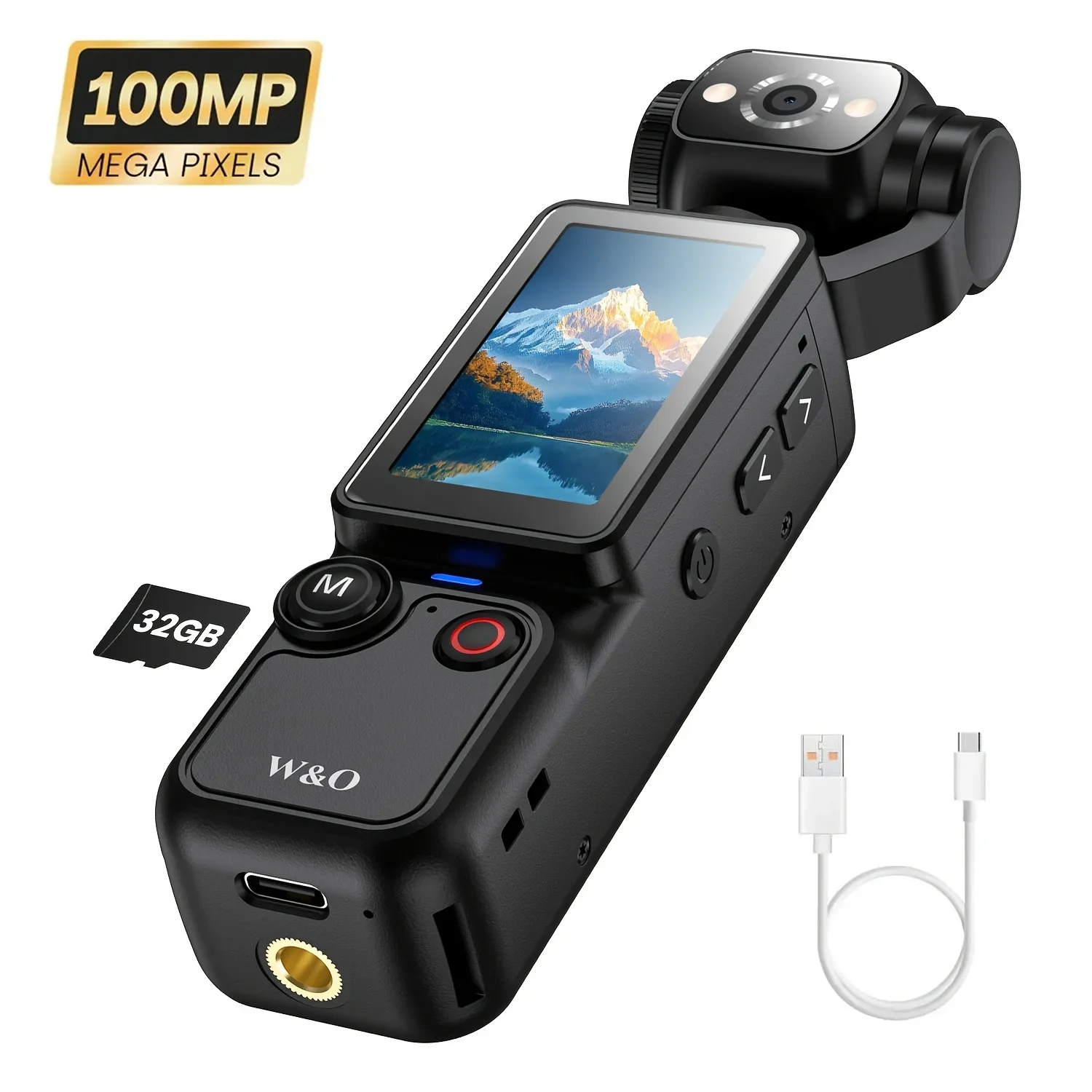4K HD Videoaufnahme-Taschenkamera - 180 ° Drehbar – 100-W-Pixel, 2000-mAh-Akku, 1,9-Zoll-Bildschirm, Webcam, USB-C-Aufladung, 32-G-Berührungskarte, Mini-Audio-Video-Kompaktkamera, Image