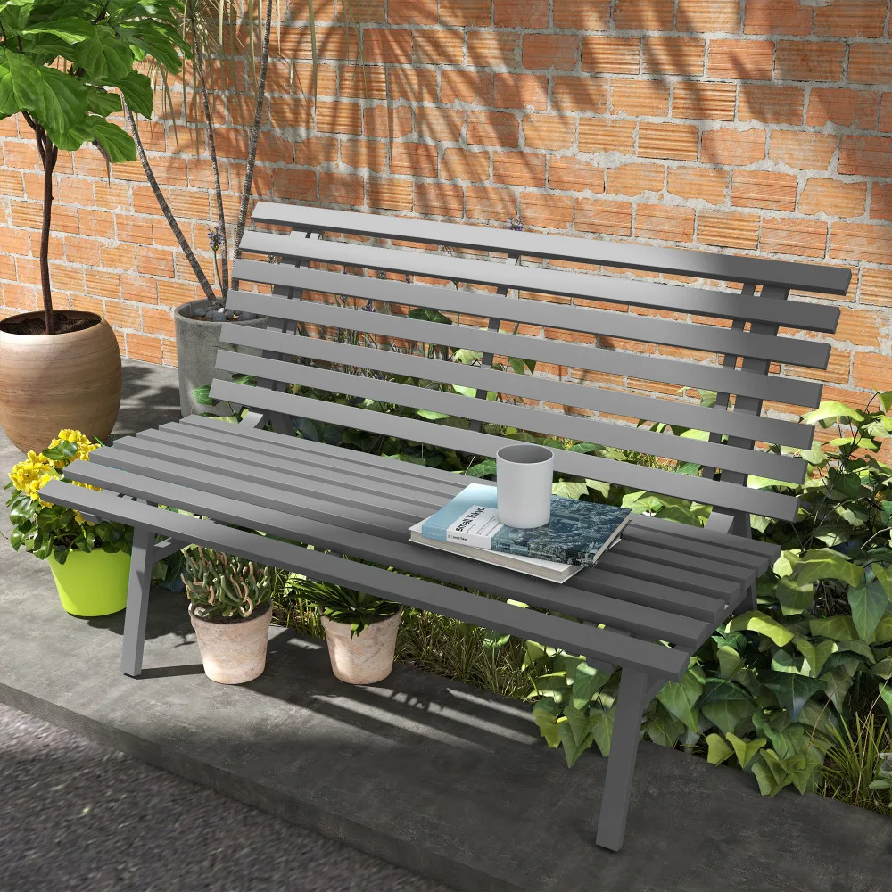 2-Sitzer-Gartenbank aus Aluminium mit Rückenlehne, grau. Größe 123×67×79cm, geeignet für Garten, Terrasse und Balkon.