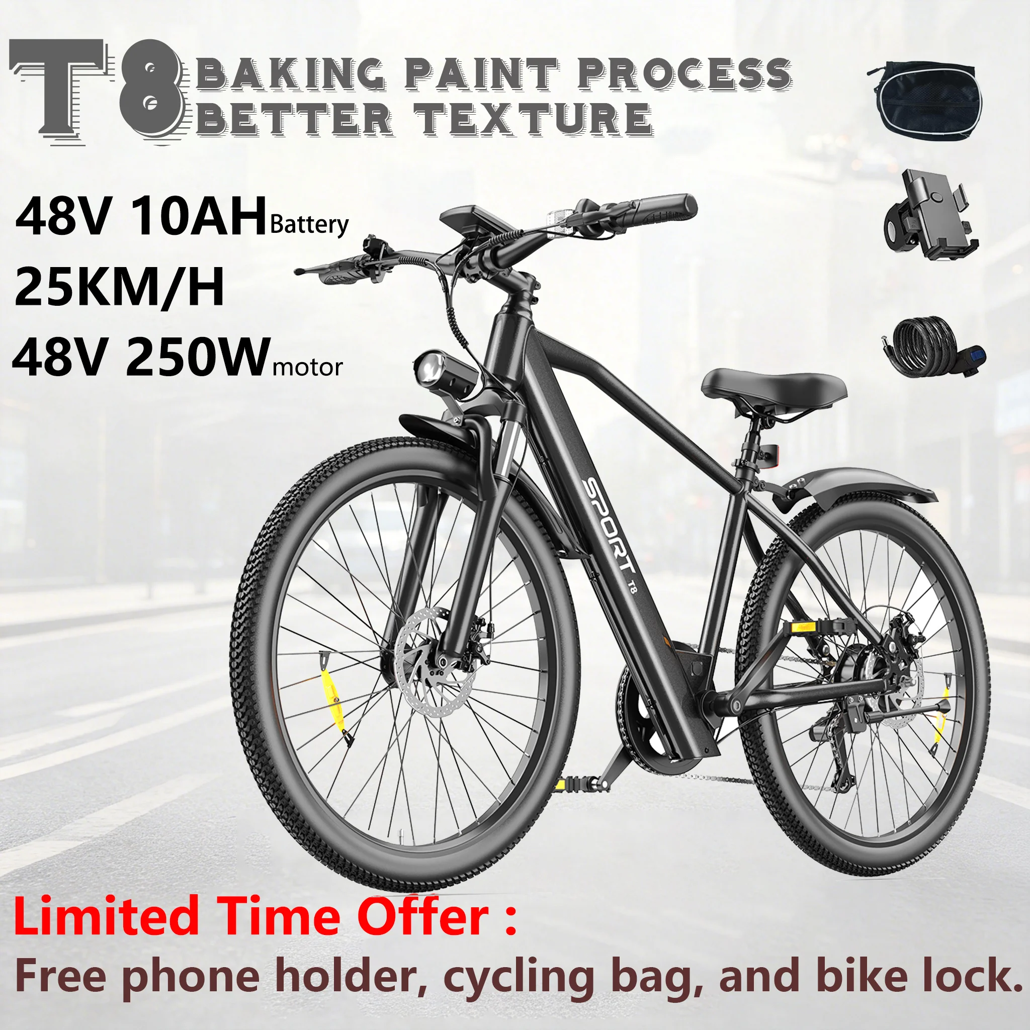 T8 26-Zoll Elektro-Citybike 48V 10AH 468WH Motor 7-Gang-Schaltung Scheibenbremse Lackierverfahren 15 ° Climb Free Handyhalterung, Fahrradschloss und Fahrradtasche. Image