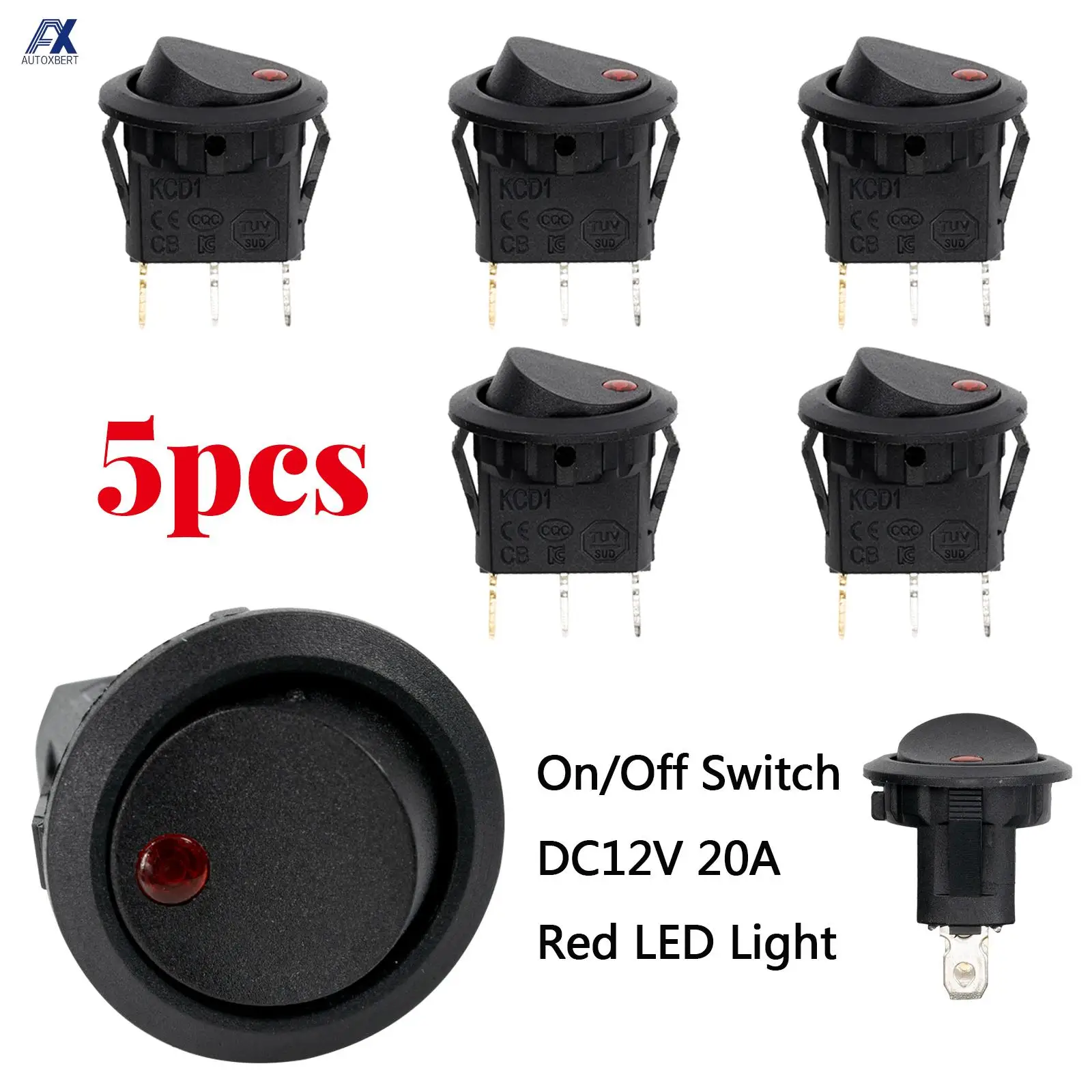5Pcs/Set Rocker Switch Toggle DC 12V 20A Red LED Light Car Auto Boat Dash Round ON/OFF SPST Button Luminescence Car Accessories