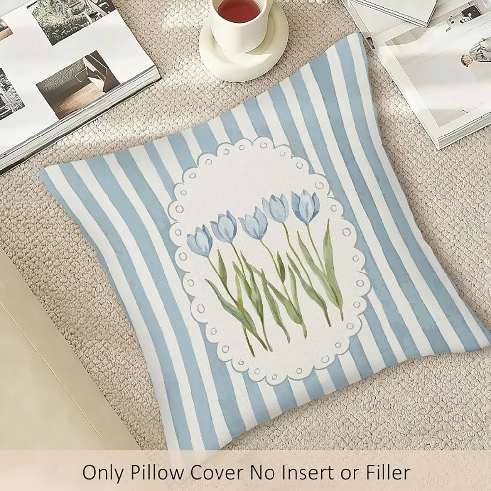 1 Stück Blaue Tulpen Gestreifter Kissenbezug Vintage Landhaus Dekorativer Kissenbezug für Sofa Schlafzimmer Wohnzimmer Image