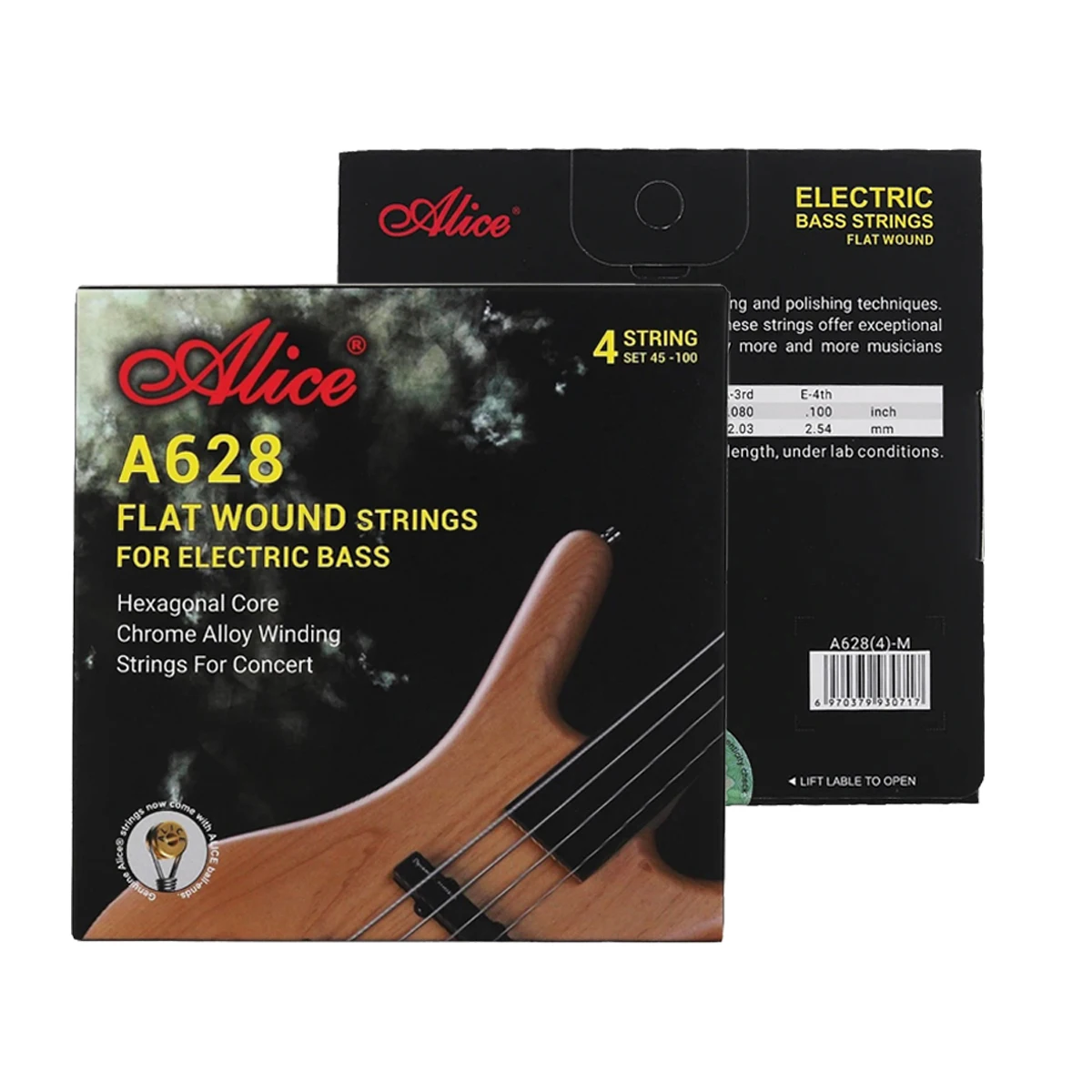 Alice A628-M Bundlose Bass-Saiten – 4-Saiten-Set, Flatwound, Chromlegierung, 45-100 Gauge, sechseckiger Kern, für E-Bass Image