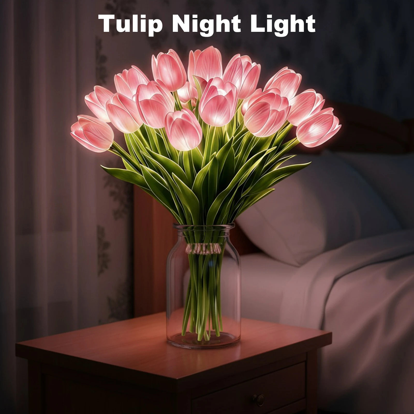 15 Stück Strahlende Romantische Tulpen-Lichter Warmes Licht Blumenförmige Stimmungslampe Einstellbare Tulpen-Nachtlampe für Schlafzimmer Nachttisch-Dekoration Image