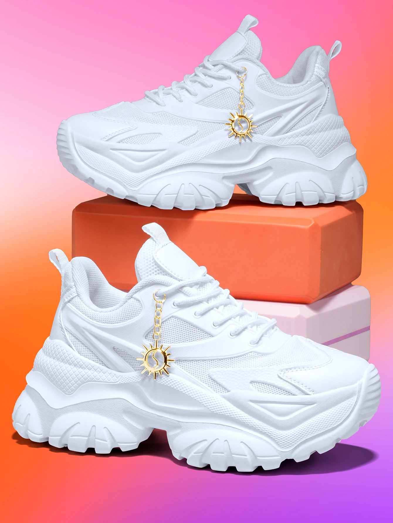 Damen Vulkanisierte Schuhe Mode Casual 7cm Plateau-Sneaker Eva Leichte Atmungsaktive Weiße Dad-Schuhe Übergröße Goldene Sonnenkette