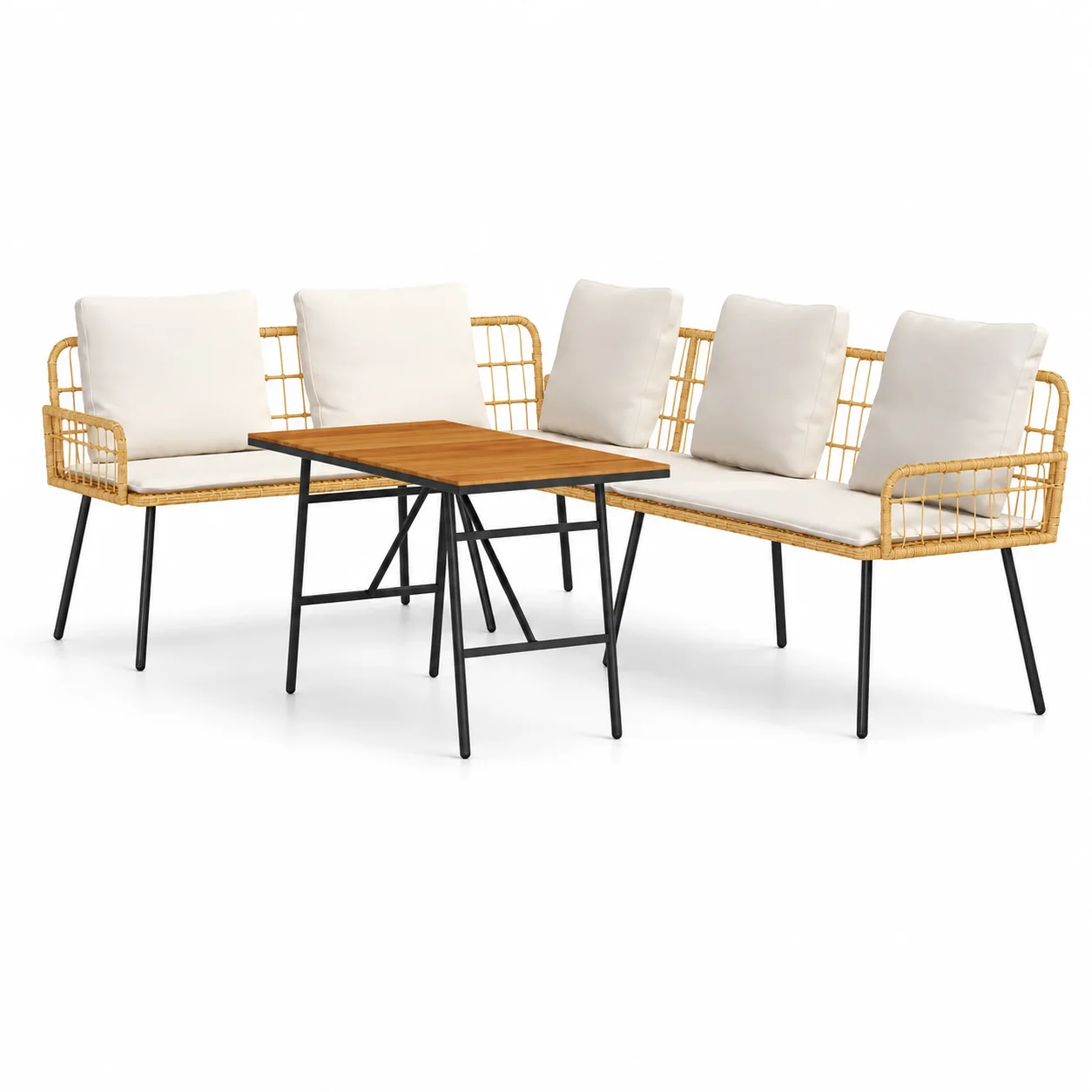 2-teiliges Garten-Sofa-Set mit Kissen, Outdoor-Möbel aus natürlichem Polyrattan, Terrassen-Sitzgruppe für Balkon und Terrasse, wetterbeständig, langlebig, 5-Sitzer mit Couchtisch