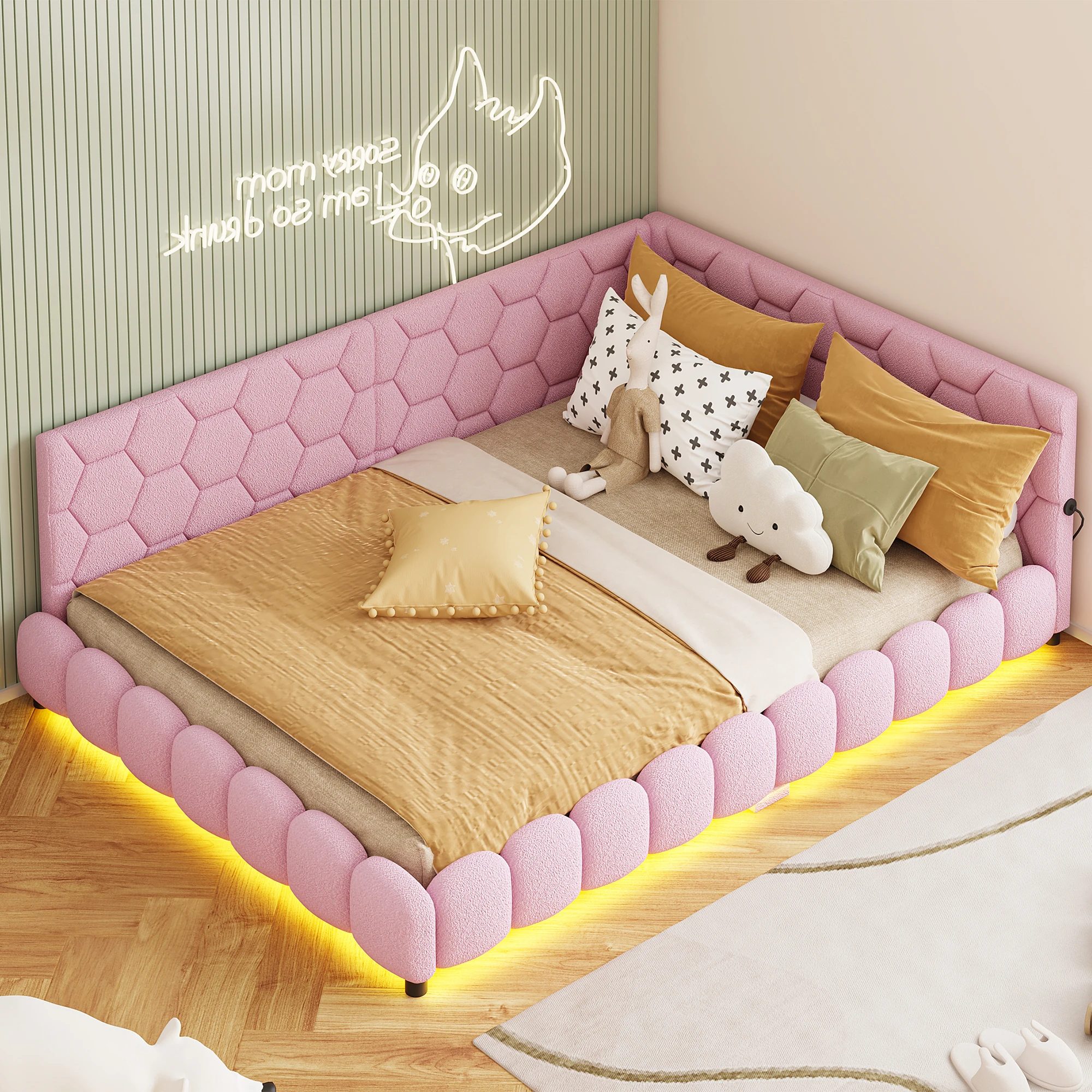 Superaly, 140x200 cm Schlafsofa für das Wohnzimmer, LED-Doppelbett, Polsterbett, mit Beleuchtung und 2 USB-Anschlüssen an der Unterseite, 16 Arten von Umgebungslichtfarben, Schlafsofa mit Image