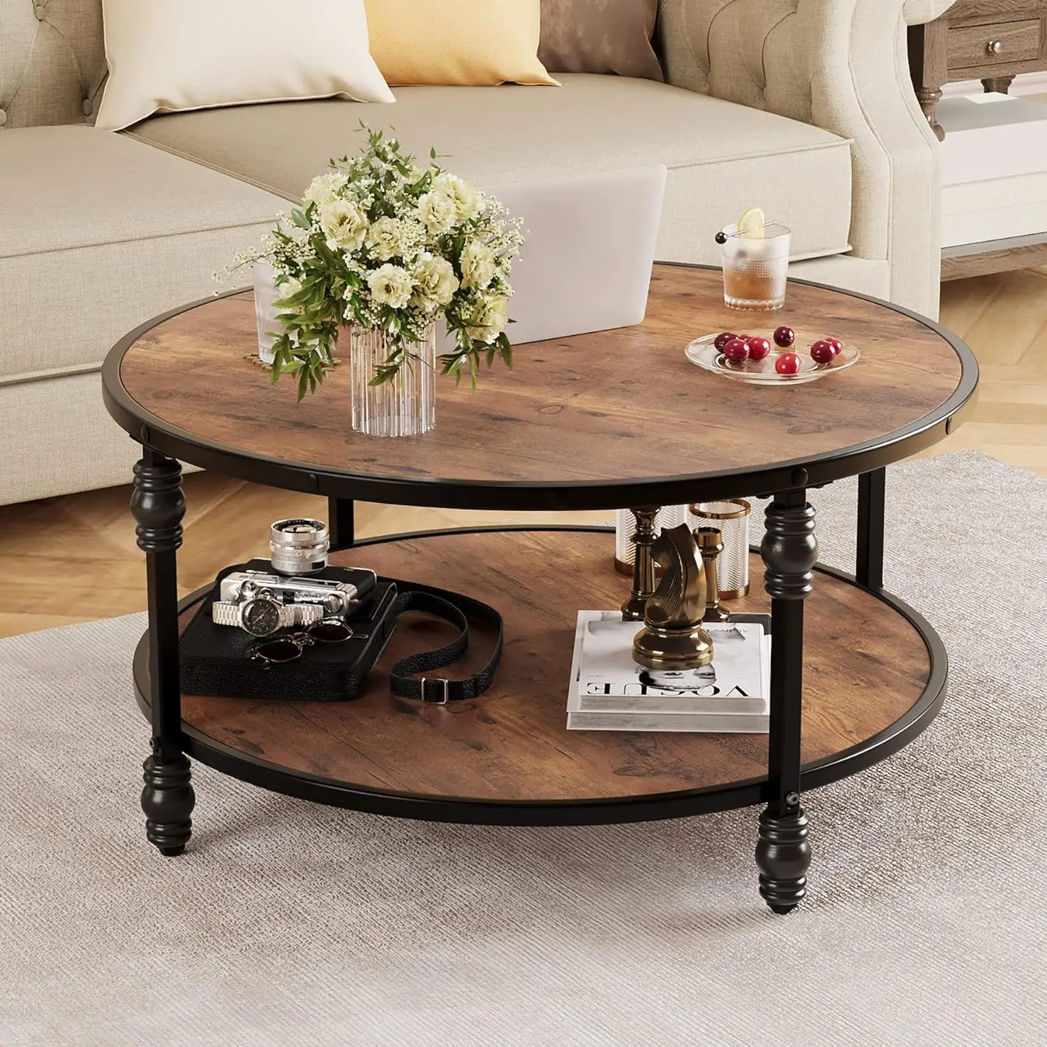 Runder Couchtisch für Wohnzimmer, rustikaler Mitteltisch mit Ablagefach, runder Couchtisch aus Holz mit stabilen Metallbeinen